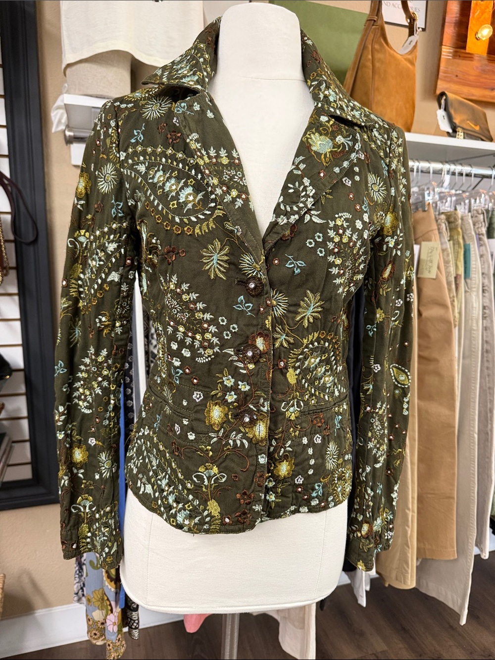 Johnny Was Olive Military Green Heavily Embroidered Button Front Blazer Size S